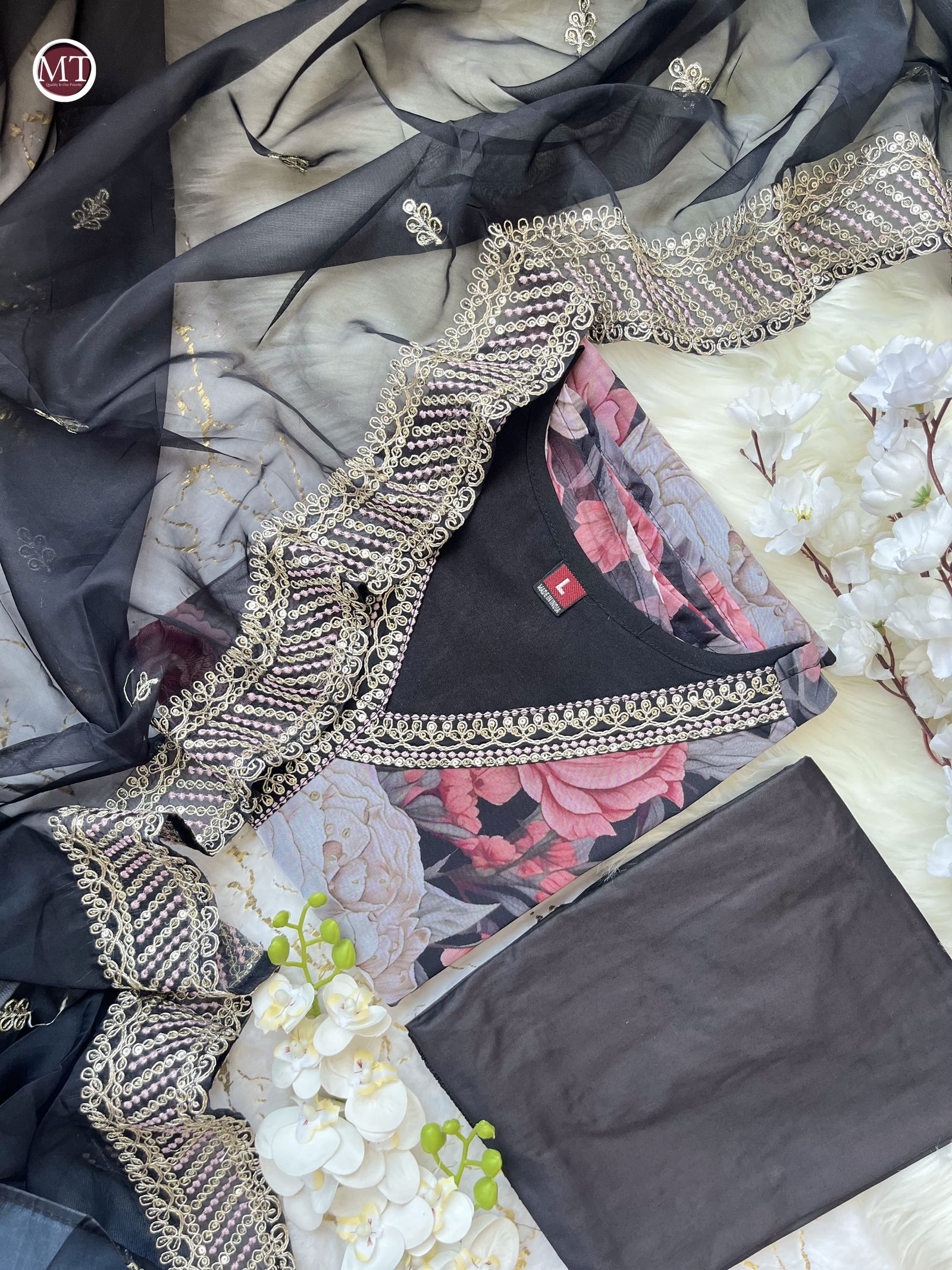MT Black Embroidery Organza Kurti With Bottom Dupatta Wholesale Shop In Surat	